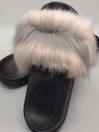 Image 1 of Fluffy Furry Grey & Pink Slides