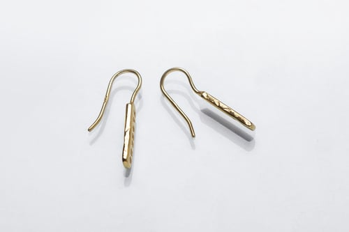 Image of gold plated light plain silver earrings with inscription in Latin