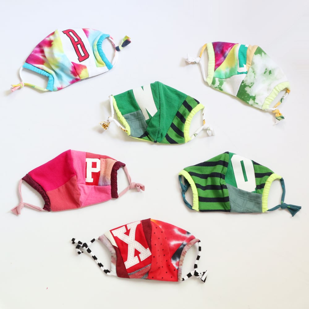 Image of initial letter CHILD YOUTH SMALL PERSONAL USE COTTON BLEND JERSEY FABRIC FACE MASK TIE EAR