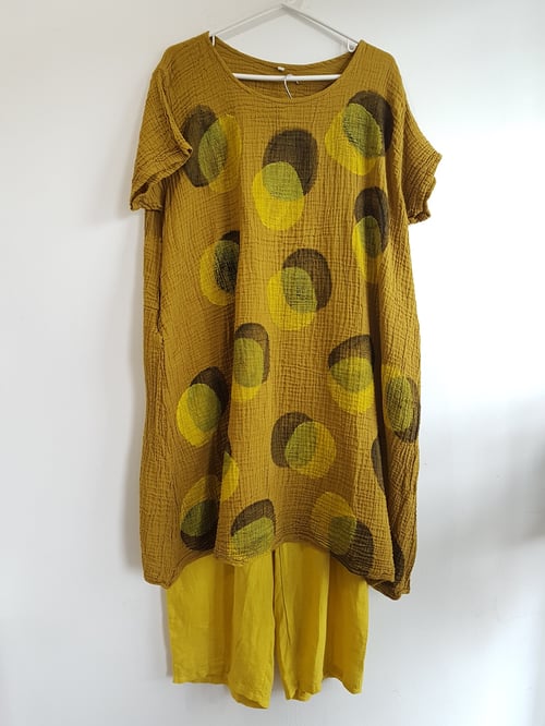 Image of blockprinted dress, mustard