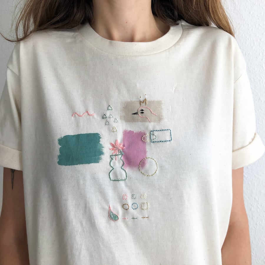 Image of Colors and shapes exploration - intuitive hand embroidery and painting on organic cotton tshirt