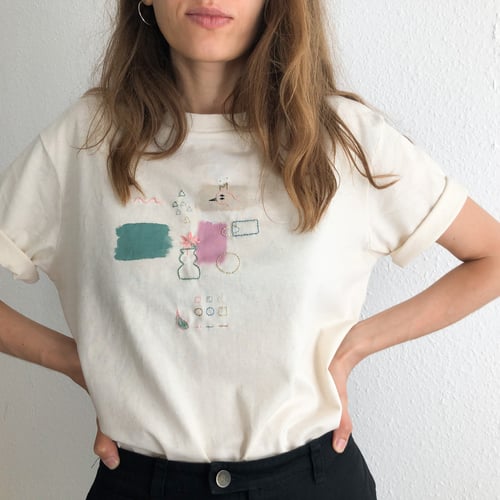 Image of Colors and shapes exploration - intuitive hand embroidery and painting on organic cotton tshirt