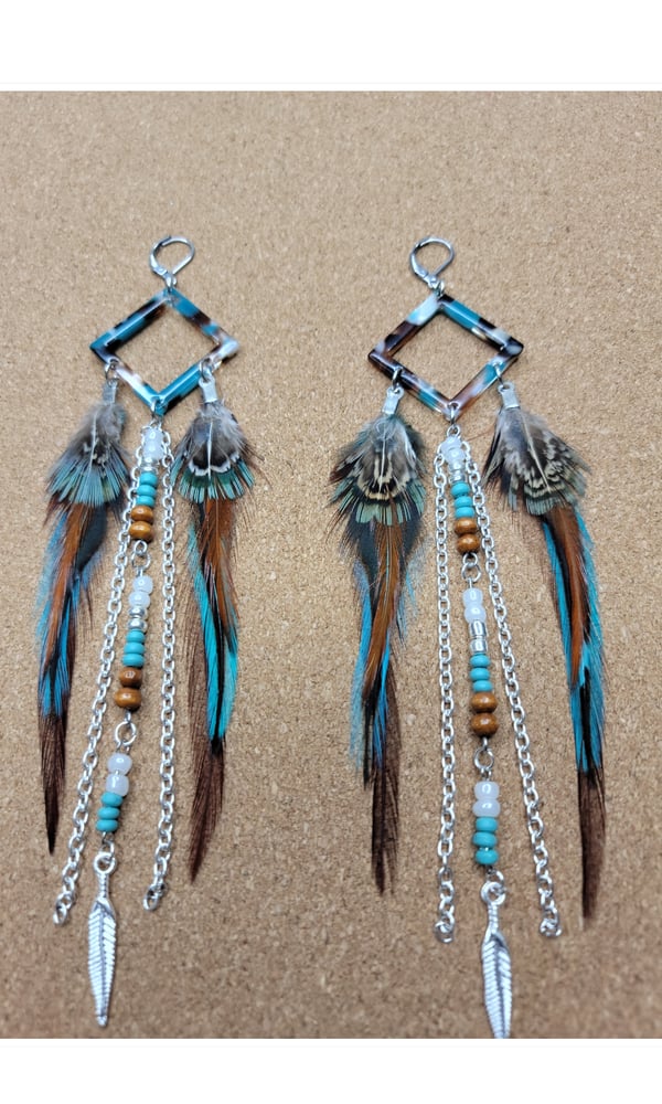 Image of Bohemian Teal Feather Earrings 