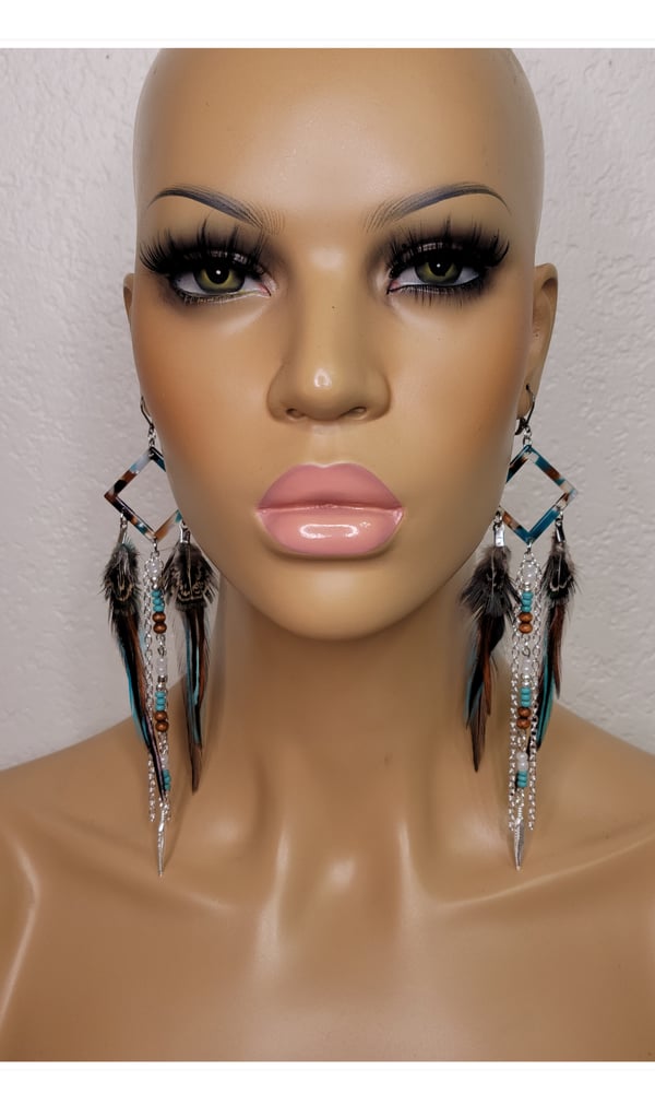 Image of Bohemian Teal Feather Earrings 