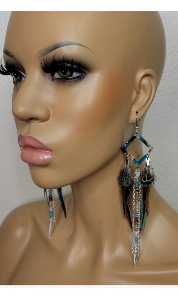 Image of Bohemian Teal Feather Earrings 