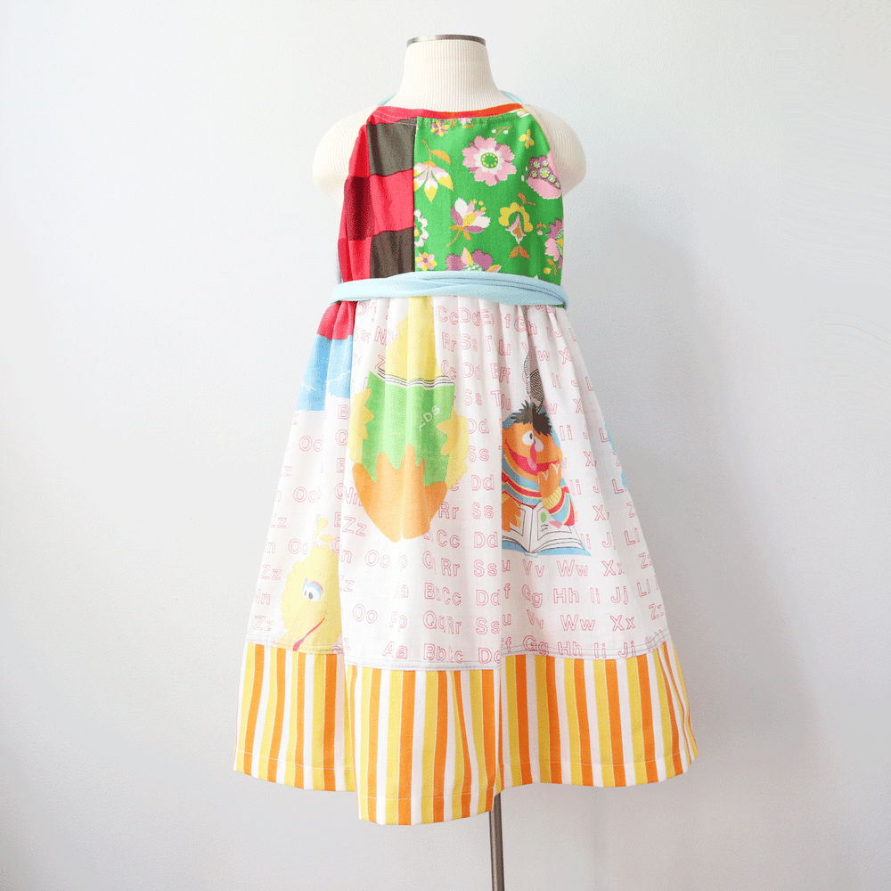 Image of sesame street back to school 4/6 halter apron wrap dress sundress courtneycourtney vintage fabric 
