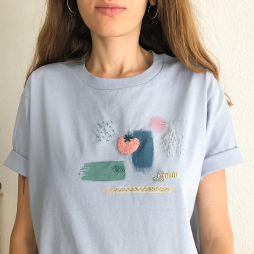 Image of Awayuki strawberry - intuitive hand embroidery and painting on organic cotton tshirt