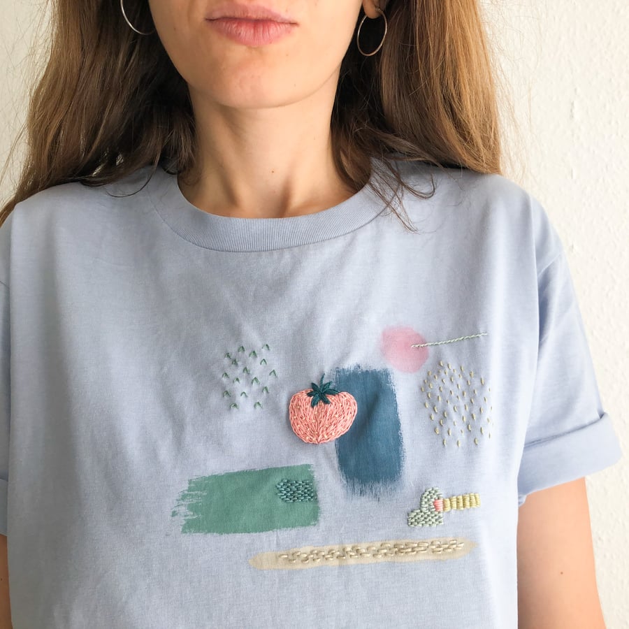 Image of Awayuki strawberry - intuitive hand embroidery and painting on organic cotton tshirt