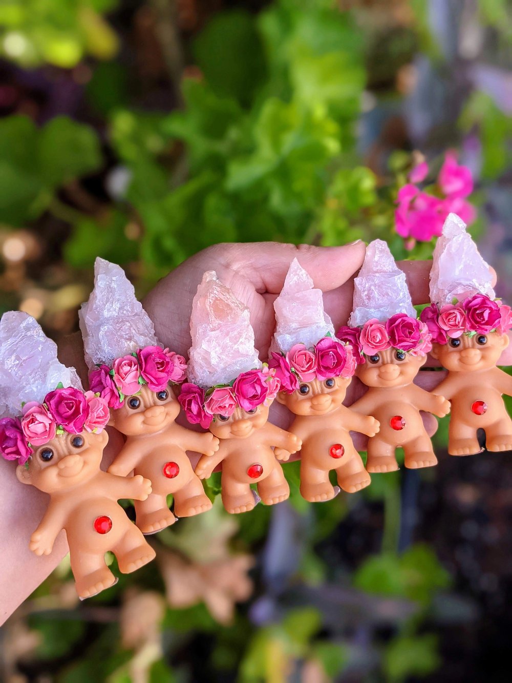 MADE TO ORDER: Rose Quartz Crystal Troll Shorty with Flower Crown 4"