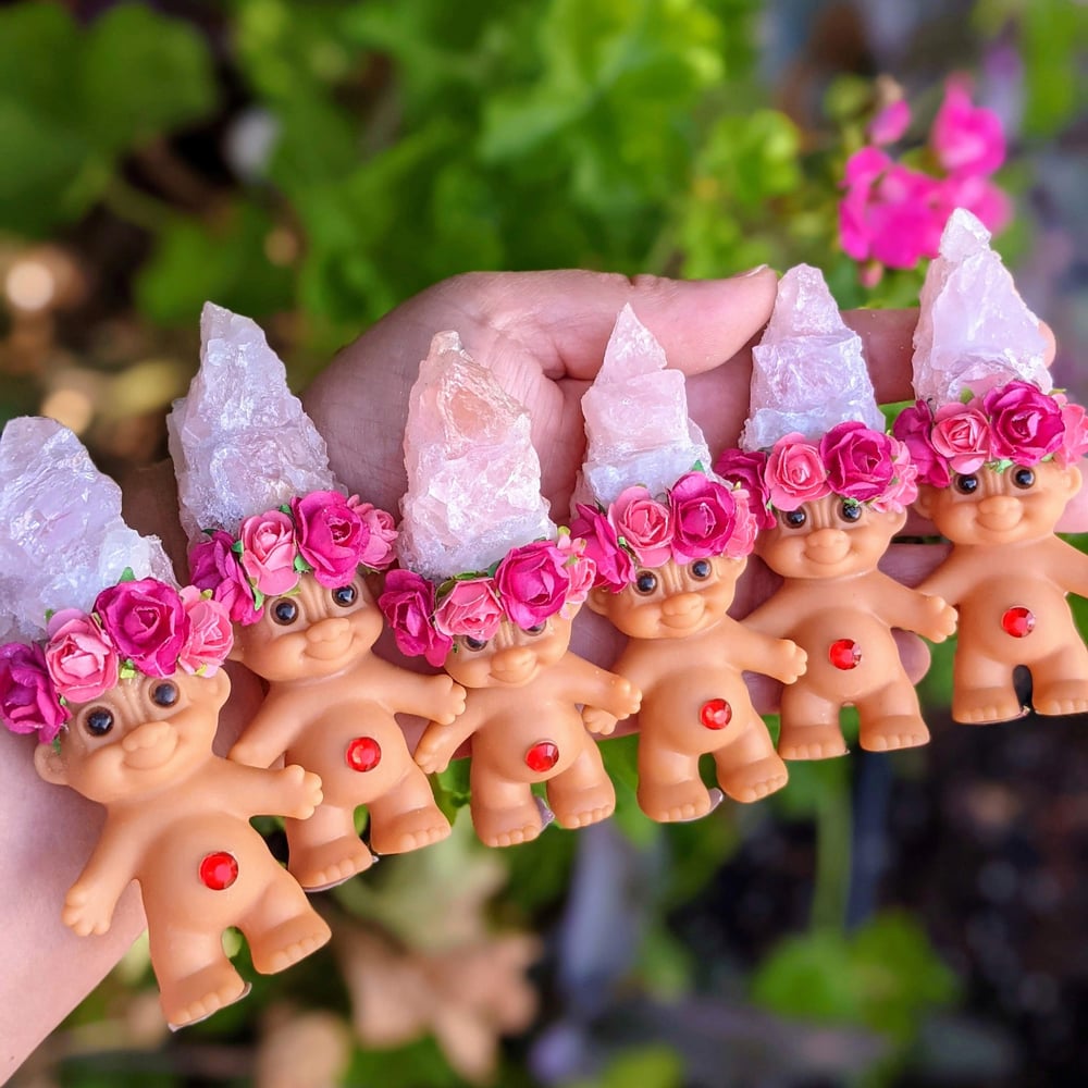 MADE TO ORDER: Rose Quartz Crystal Troll Shorty with Flower Crown 4"