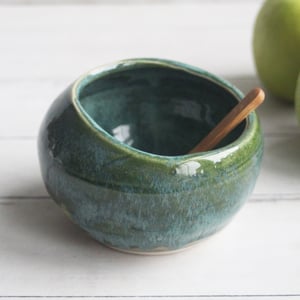 Image of Salt Cellar in Rustic Green Glaze, Handcrafted Pottery Salt Pig, Made in USA