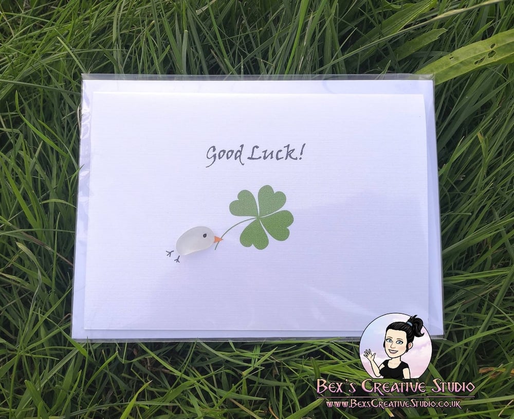 Image of Good luck Four Leaf Clover Sea Glass Card