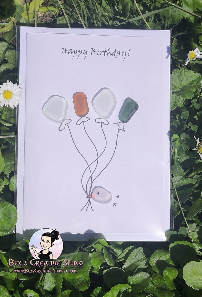 Image of Happy Birthday Bird & Balloons Sea Glass Card