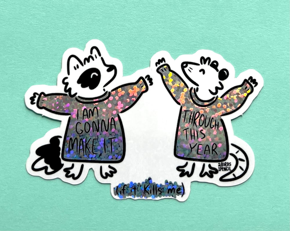 Image of Raccoon & possum in sweaters glitter sticker - inspired by lyrics from the Mountain Goats
