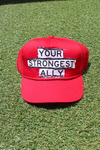 Image of your strongest ally trucker hat in red 