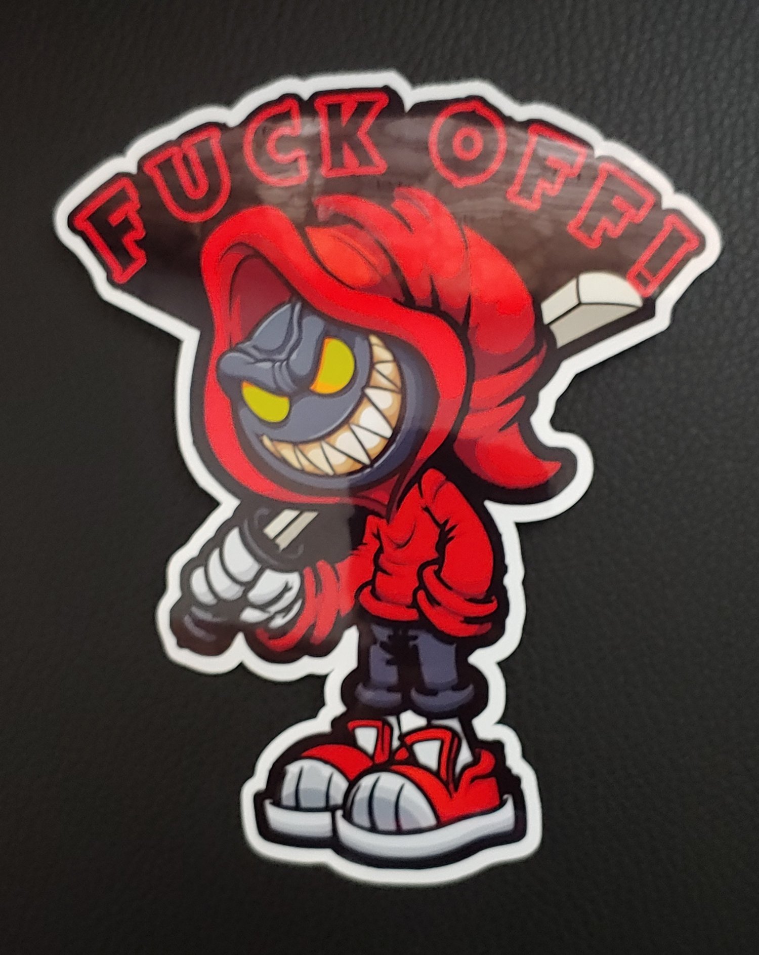 Image of Fuc off red hooded caracter.