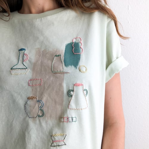 Image of Vases exploration - intuitive hand embroidery and painting on organic cotton tshirt, one of a kind