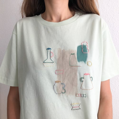 Image of Vases exploration - intuitive hand embroidery and painting on organic cotton tshirt, one of a kind