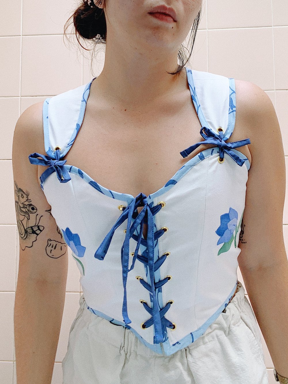 Image of Front Tie Corset Top // Blue Tulips