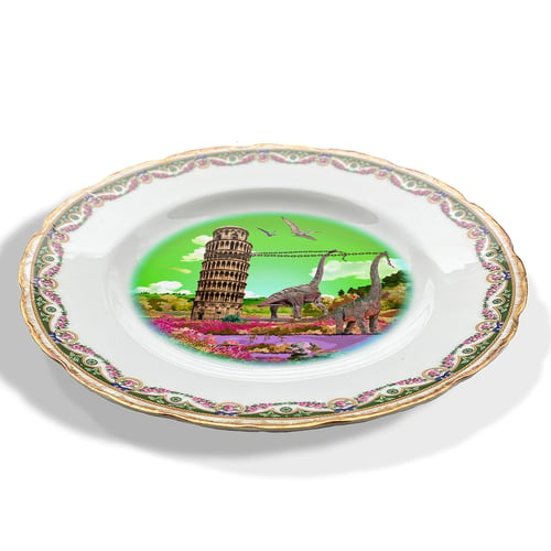 Image of Ricordi di Pisa - Pisa Tower - Vintage French Porcelain Plate - More than 120 Years Antique - #0709
