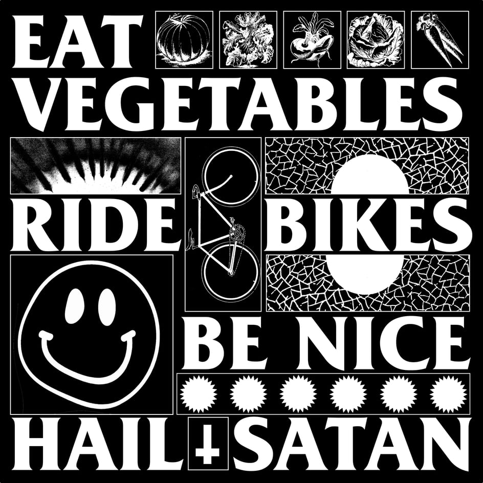 Image of EAT VEGETABLES RIDE BIKES BE NICE HAIL SATAN black T-shirt