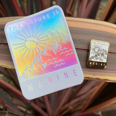 Image of SET: Future is Wahine | Hawaiian Female Holographic Laptop or Water Bottle Sticker &amp; Enamel Pin