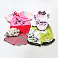 Image 2 of triceratops pink and red green dinosaur dino 2T short sleeve dress courtneycourtney