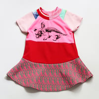 Image 1 of triceratops pink and red green dinosaur dino 2T short sleeve dress courtneycourtney