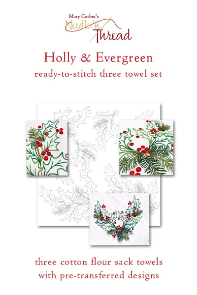 Image of Holly & Evergreen 3-Towel Set with Transferred Designs