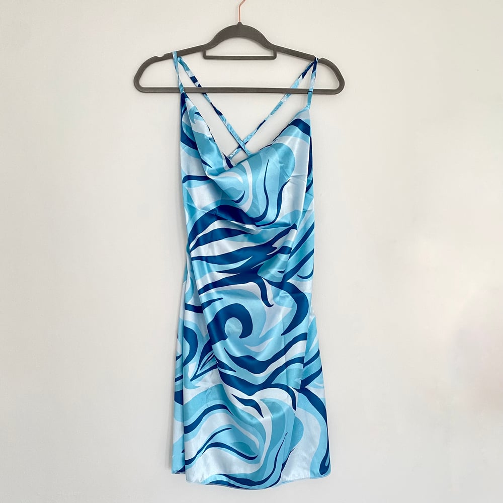 Image of Blue Swirl Mini Dress with Cowl Neck