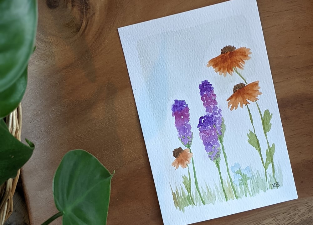 Image of ORIGINAL Purple and Orange Field Flowers Waterolor