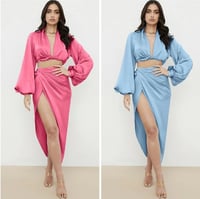 2 Piece Set Women Summer Beach Vacation Outfits Sexy Cropped Blouse Shirts High Split Long Skirt 