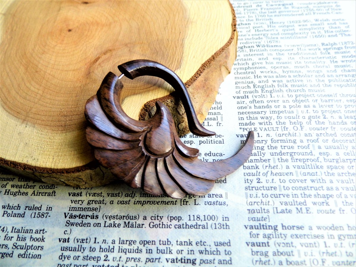 Unisex Angel Wings Wood Organic Earring Faux Gauge
