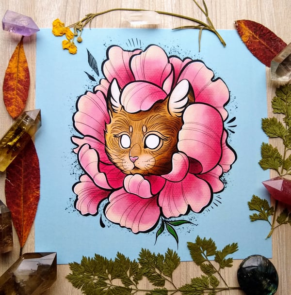 Image of Flower kitty square print 21x21cm