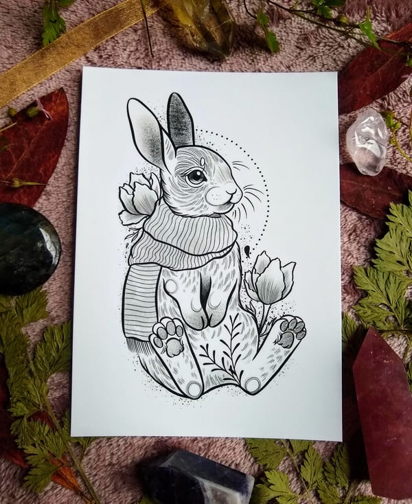 Image of Cosy rabbit A6 postcard/print