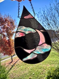 Image 5 of Celestial Stained-Glass Moon & Cloud Teardrop Panel - Opal Pink & Black Celestial Window Hanging