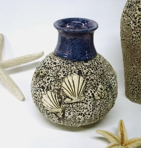 Image of Sea Inspired Textured Round Vase with Sculpted Shells