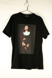 Black crew neck t-shirt with nun print