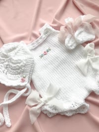 Image 1 of Hand knitted Romper Booties and Bonnet