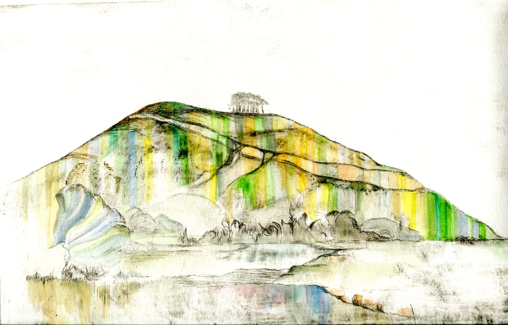 Image of St Catherine’s Hill etching with watercolour. Limited VE
