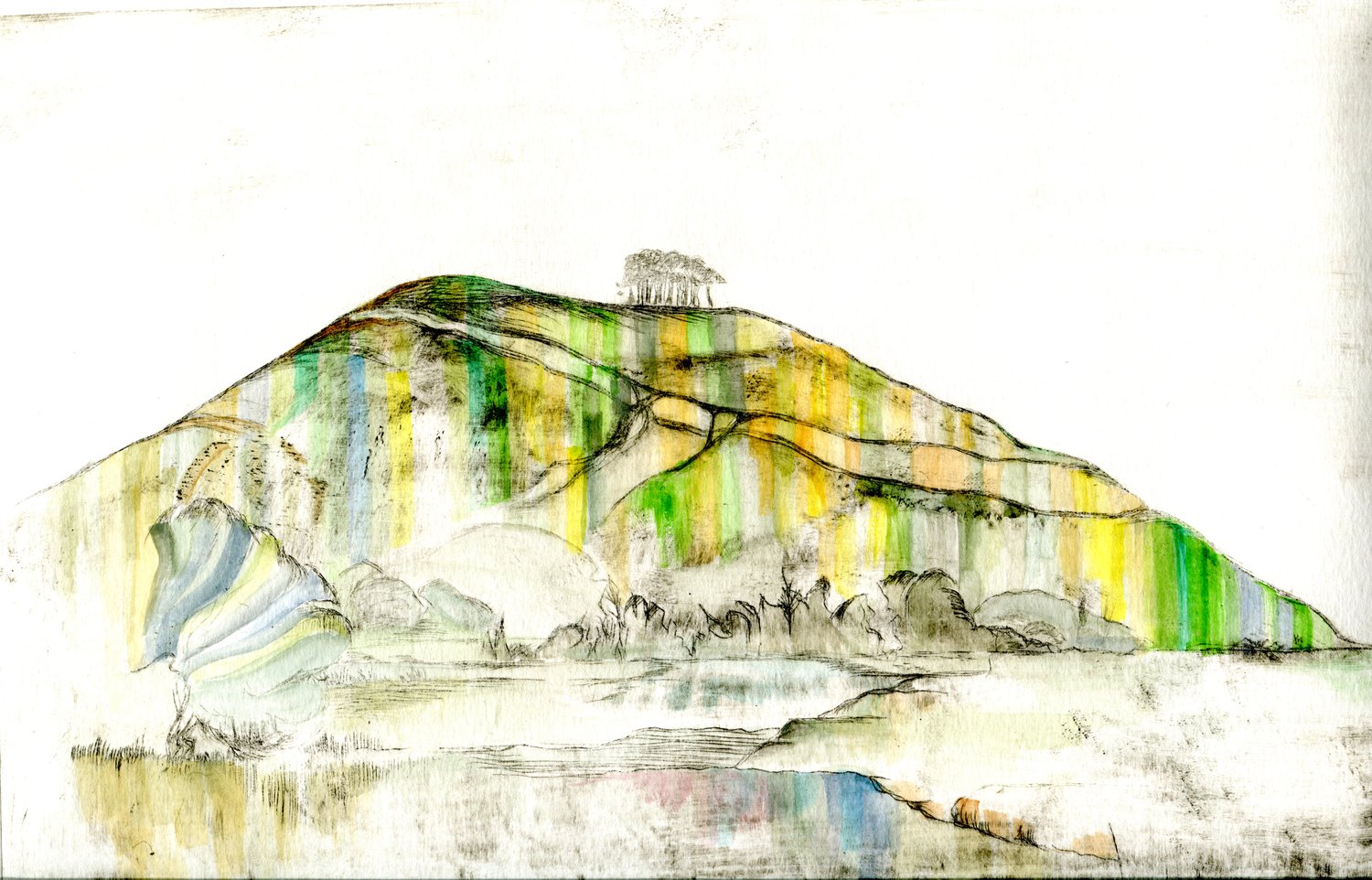Image of St Catherine’s Hill etching with watercolour. Limited VE