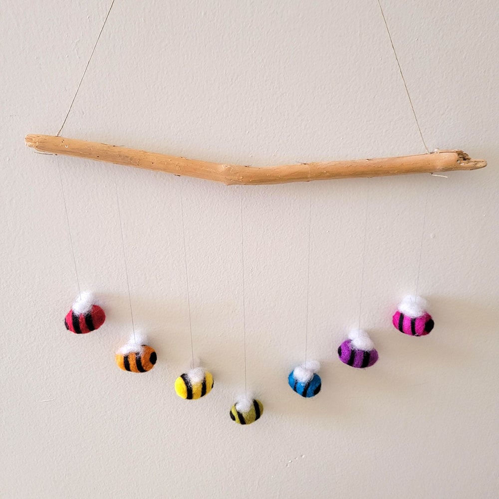 Rainbow Bees Mobile (brown driftwood)