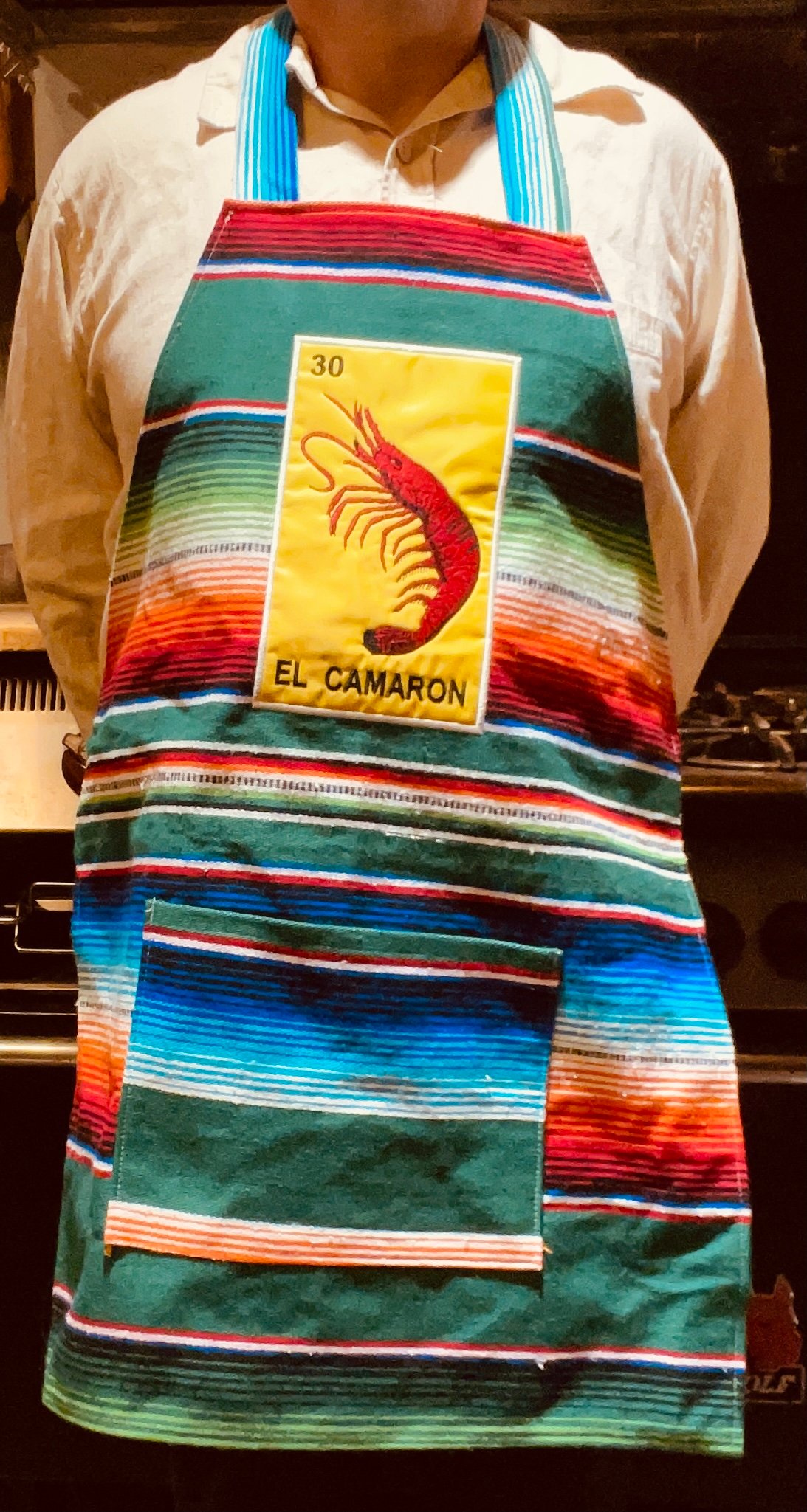 Image of El Camaron Loteria Sarape Unisex Apron with Pocket