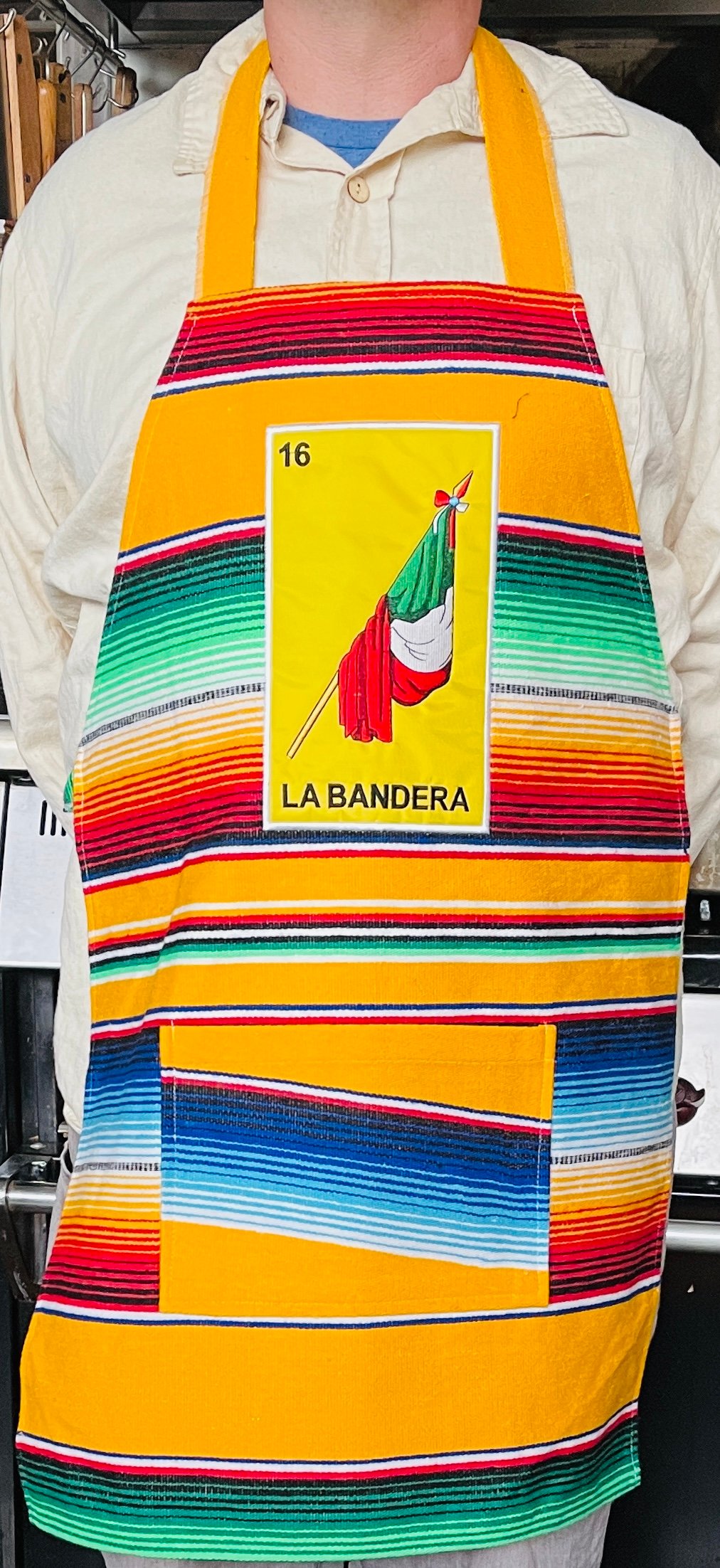Image of La Bandera Loteria Sarape Unisex Apron with Pocket