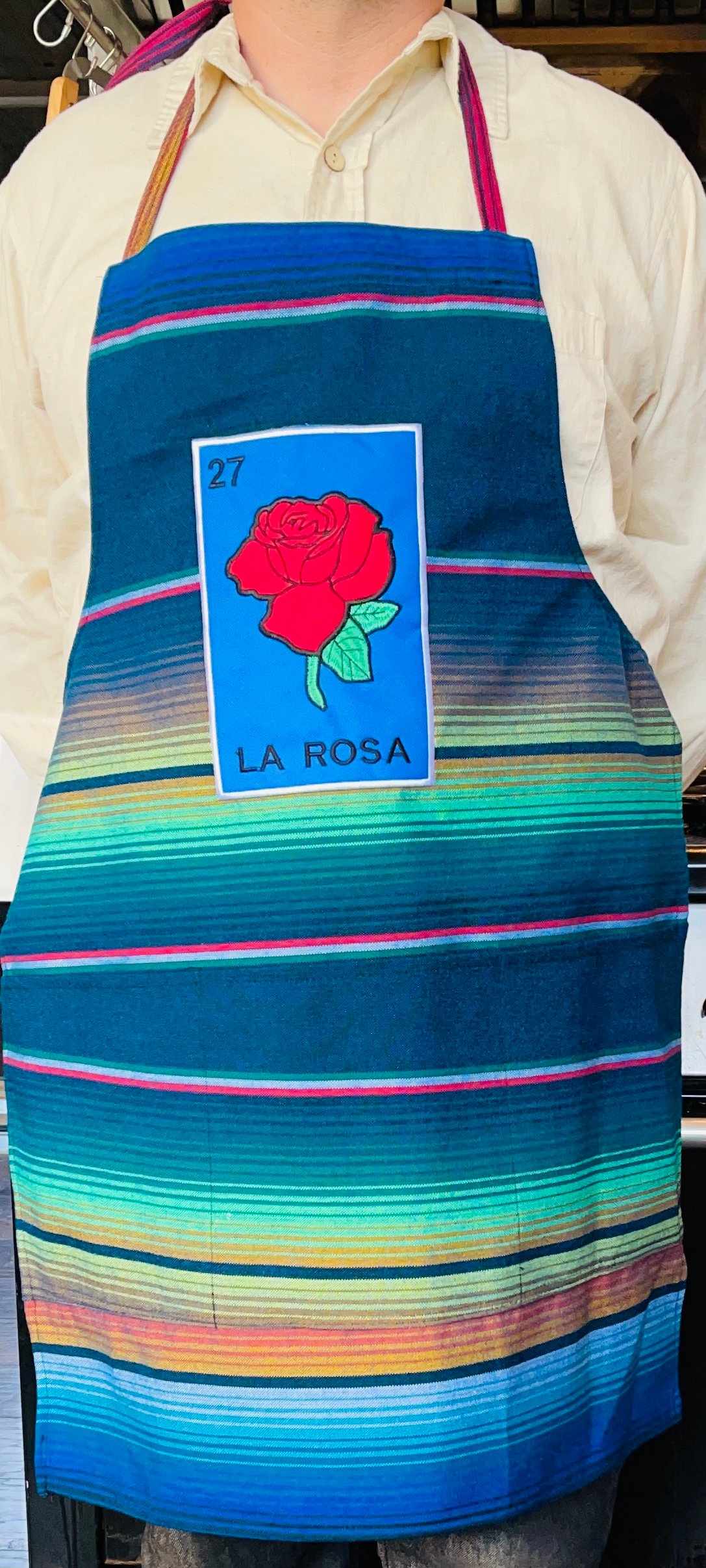 Image of La Rosa Red Loteria Sarape Unisex Apron with Pocket