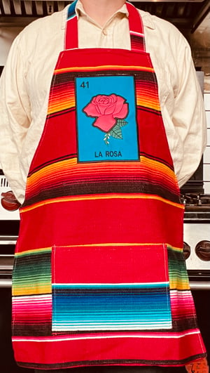 Image of La Rosa Pink Loteria Sarape Unisex Apron with Pocket