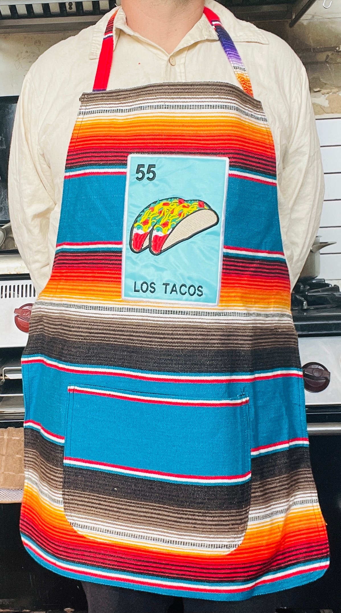 Image of Los Tacos Loteria Sarape Unisex Apron with Pocket