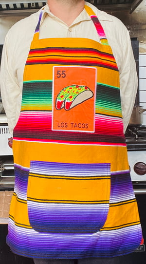 Image of Los Tacos Loteria Sarape Unisex Apron with Pocket