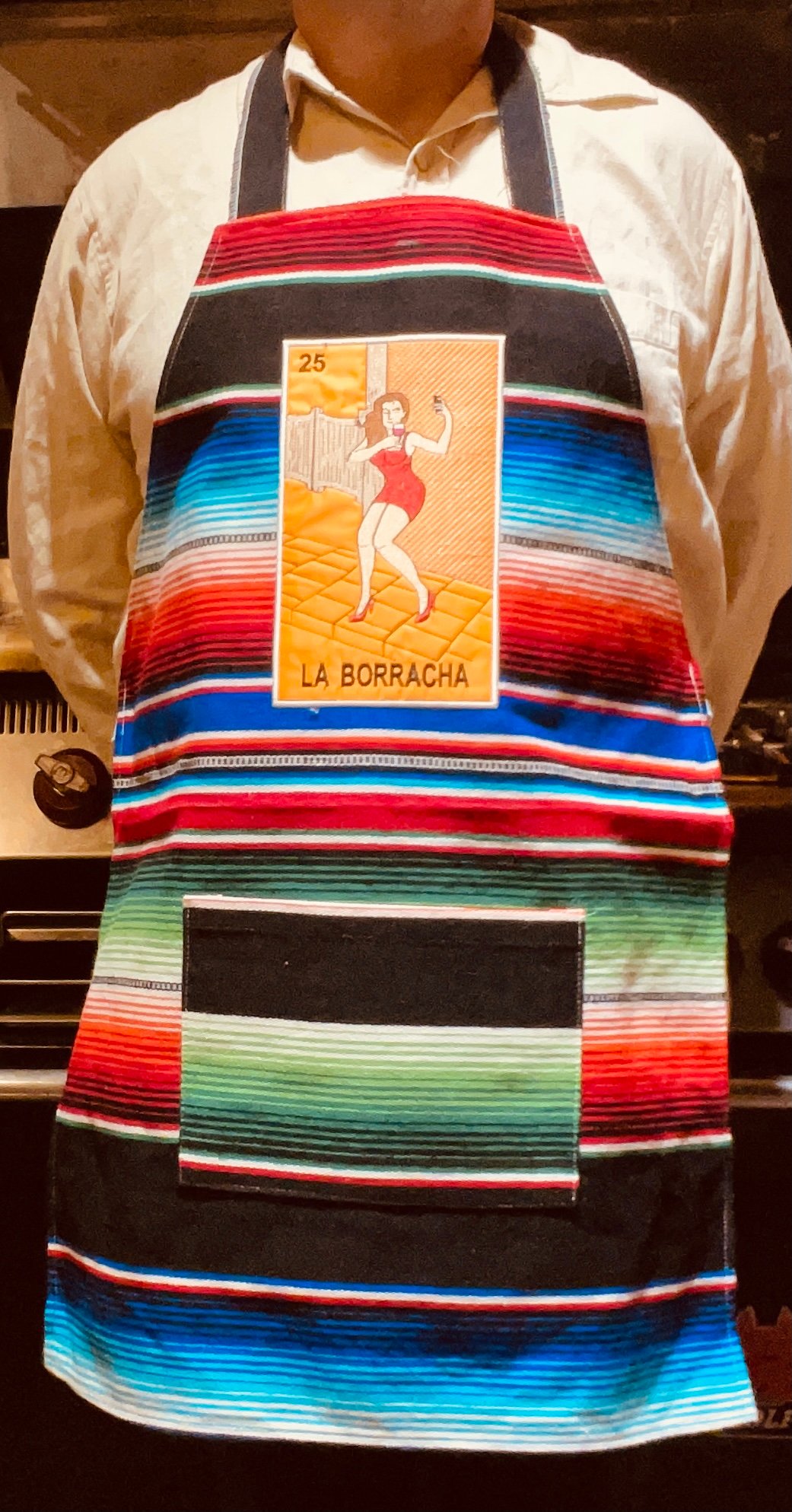 Image of La Borracha Loteria Sarape Unisex Apron with Pocket