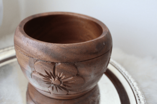 Image of Vintage Wooden Bowl Planter Carved Flowers